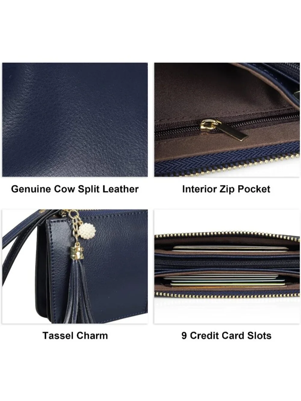 Women's Navy Blue Leather Wristlet Clutch Wallet RFID Credit Card Holder Purse